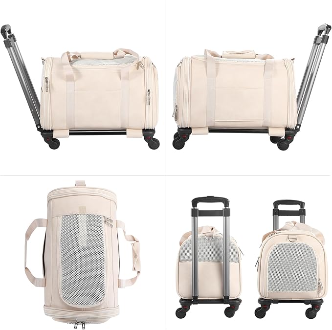 Leather Pet Carrier with Wheels, Airline Approved Travel Bag for Small Dogs & Cats Under 15 lbs, Rolling Pet Carrier for Airplane, Camping & Outdoor White