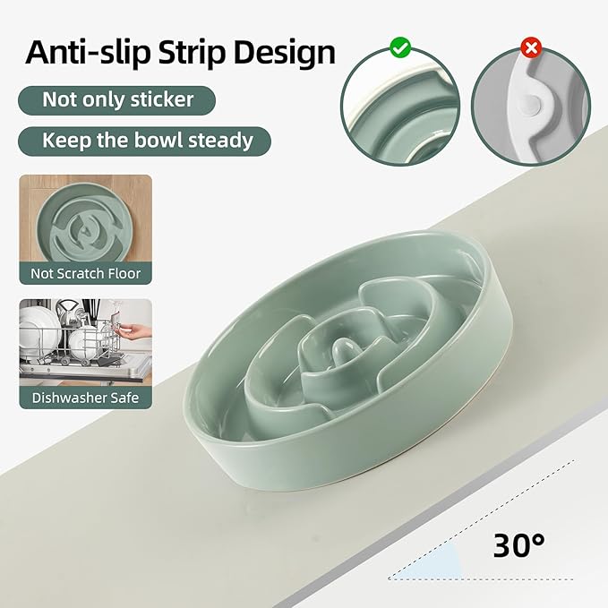9.5inch Ceramic Slow Feeder Dog Bowl for Large Dog, Puzzle Food Dish, Anti-Gulping, Pet Slow Feeder, Stop Bloat, Preventing Choking (Single Bowl-Light Green)