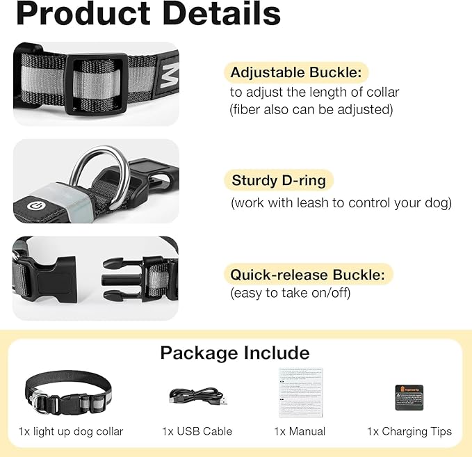 Pceotllar Light Up Collar - Rechargeable Led Dog Collar with Automatic 7-Color Changes, Water Resistant, Bright Glow for Night Walking (Black, M)