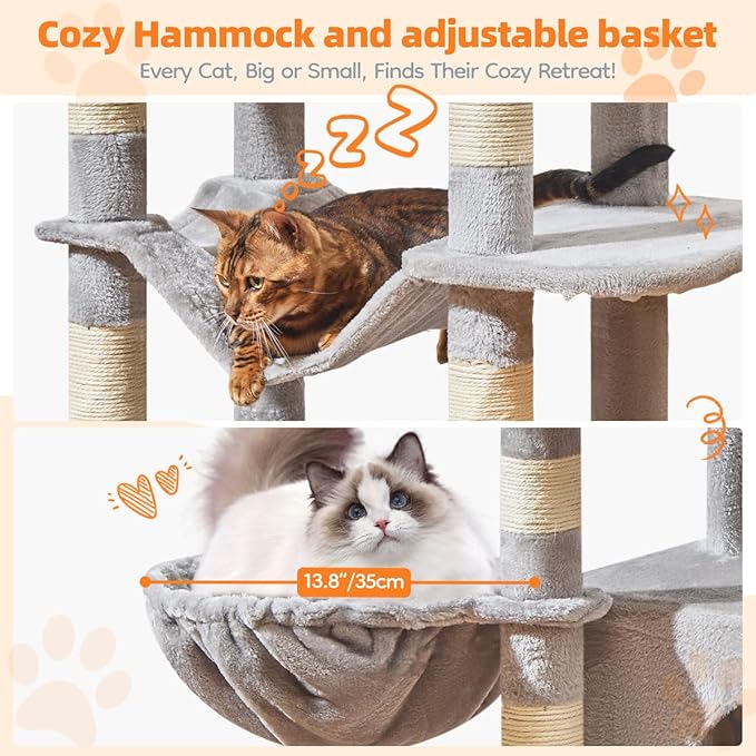 Taoqimiao Large Cat Tree,73-Inch Cat Tree Tower with 9 Scratching Posts for Indoor Cats, 2 Large Cat Condo with Hammock, Hanging Basket, 2 Extended Platform, Light Gray MS013XLW