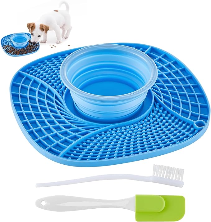Lick Mat for Small Dogs and Cats with Suction Cups, Silicone Slow Feeder Lick Pad with Collapsible Bowl for Anxiety Relief, Pet Puzzle Treat Mat for Bathing Grooming Trimming (Blue)