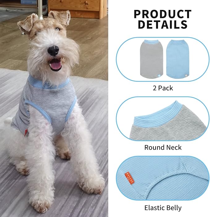 KYEESE 2Pack Dog Shirts Waffle for Small Dogs Stretchy T-Shirts Lightweight Tank Top Sleeveless Vest Breathable Cat Tee, Medium, Blue+Grey