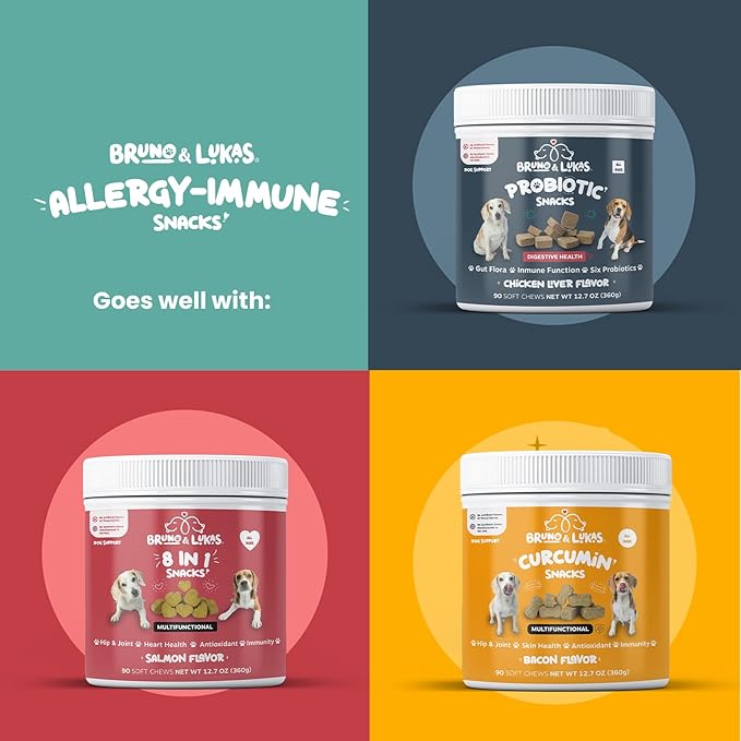 Dog Allergy Relief Chews - Antihistamine & Immune Support Bites with Probiotic, Salmon Oil, Colostrum, Omega 3 - Supplement for Anti Itch, Seasonal Allergies, Coat Health & Shedding Control (90 Ct)