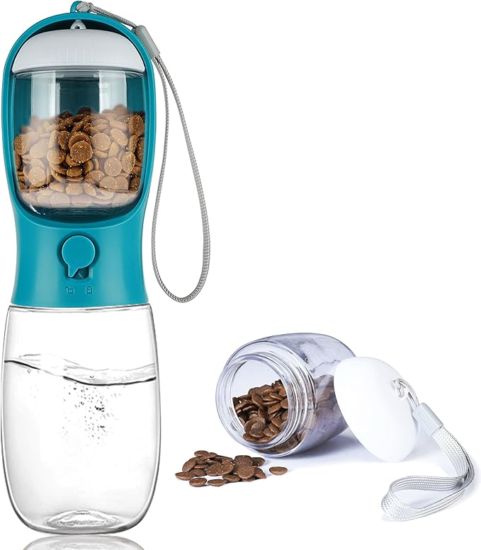 Portable Dog Water Bottle with Food Container,15oz Leak-Proof Pet Water Dispenser for Dogs, Cats, Puppies,Built-in Activated Carbon Filter for Travel,Hiking, Walking,and Outdoor Activities