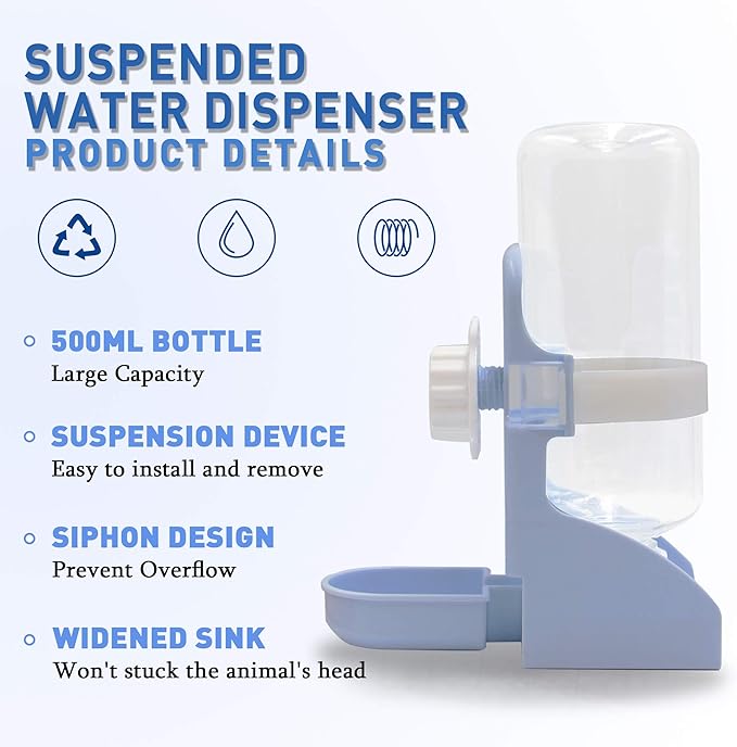 Rabbit Water Bottle Suspension Water Dispenser for Mini Pet Bunny Guinea Pig Chinchilla, 500ml Automatic Water Bottle by Gravity Flow Supply, Prevent Overflow, BPA Free (Blue)