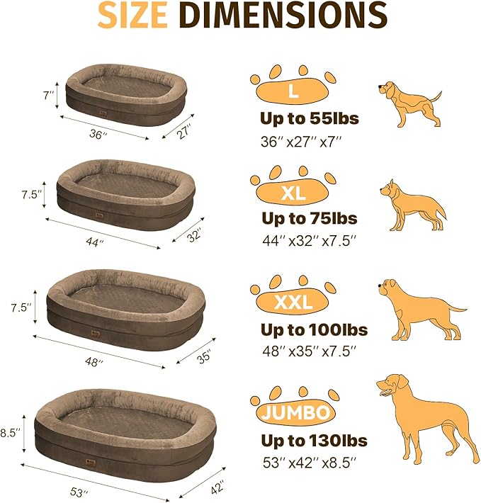 Orthopedic Waterproof Large Dog Bed: Memory Foam Washable Dog Bed with Bolsters - XL Removable Orthopedic Pet Cover for Medium Large Sized Pet - Non-Slip Bottom - Coffee