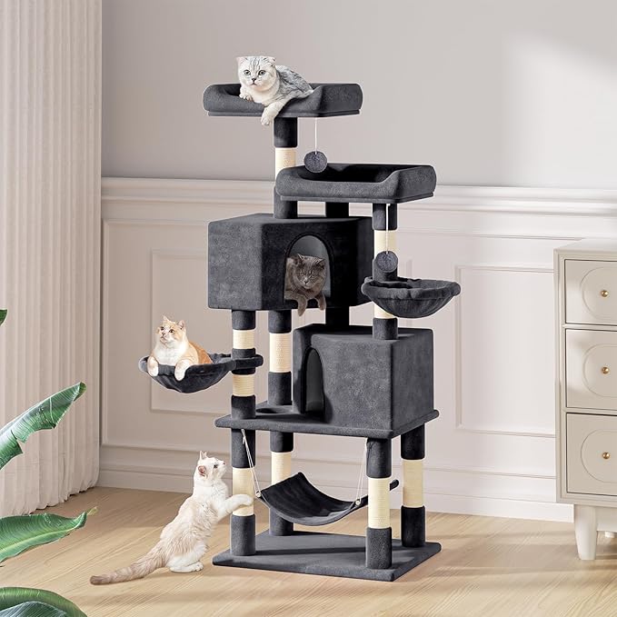 MoNiBloom Cat Tree, 58 Inch Cat Tree Tower with 2 Cat Condo, Cat Tower with Scratching Post, Cat Climbing Tower with 3 Hammock, Cat Tree for Indoor Cats, Somky Grey