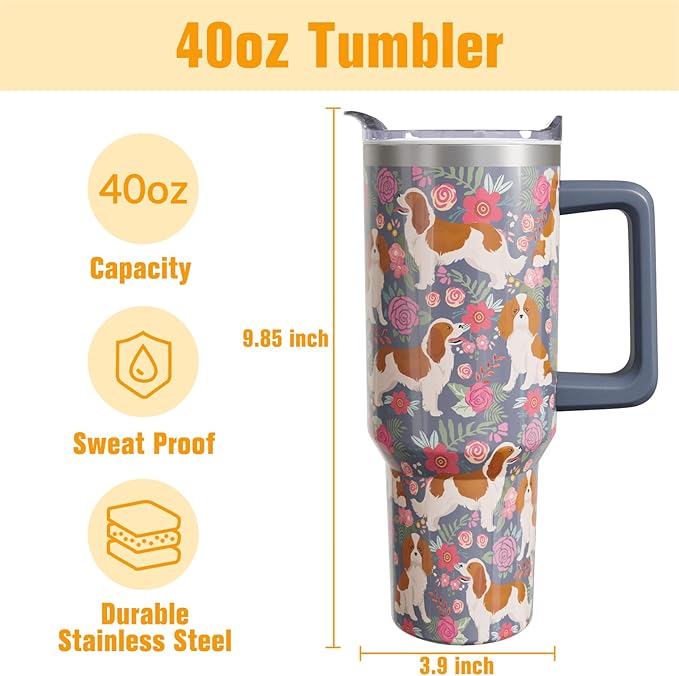 Cavalier King Charles Spaniel Gifts for Women Dog Lovers 40 oz Floral Cavalier King Charles Spaniel Tumblers with Handle and Straw, Stainless Steel Vacuum Insulated Travel Coffee Mug Cup Water Bottle