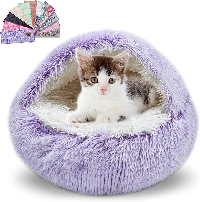 Calming Dog Beds & Cat Cave Bed with Hooded Cover,Washable Round Beds for Small Medium Pets,Anti-Slip Faux Fur Fluffy Coved Bed,Comfortable Warming Pet Bed(24 * 24inch,Purple)