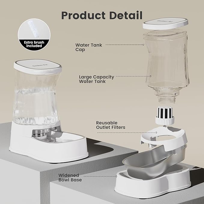 Gardner Pet Automatic Gravity Water Dispenser for Dogs, 1.0Gallon 100% BPA-Free Dog Water Bowl Dispenser, Pet Water Fountain Dispenser with Sponge Filter for Small&Medium Dogs, Cats, Puppies(White)