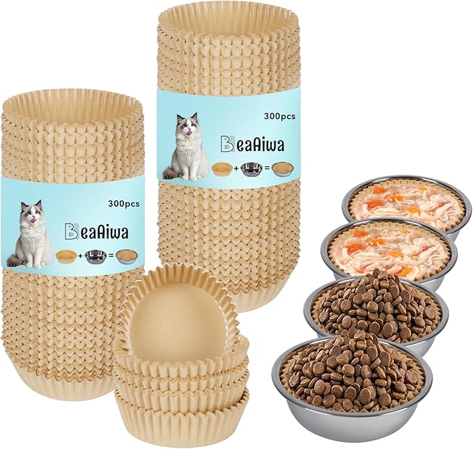 Disposable Cat Food Bowl Set (600 Pcs Small Paper Bowls + 4 Pcs Stainless Steel Pet Bowls) Dog Disposable Bowls Disposable Cat Plates for Wet Food Pet Food Bowl for Pet Feeding Station(Khaki Brown)