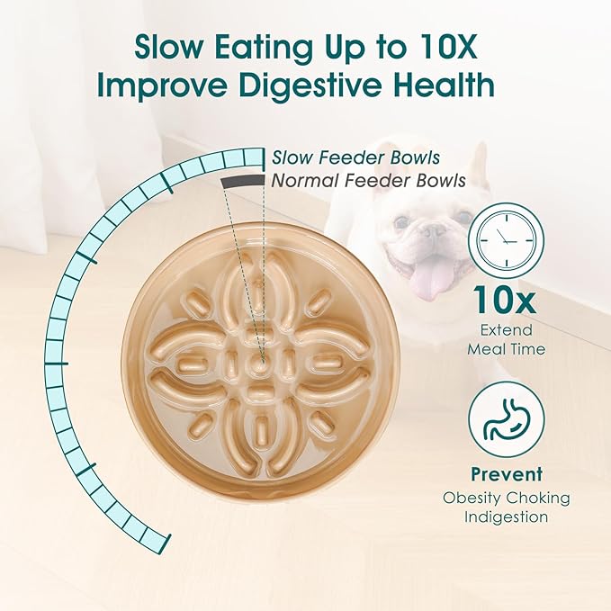 vancasso Ceramic Slow Feeder Dog Bowls, Puzzle Dog Food Bowls with Floral Maze, Anti -Slip Pet Food Dish for Small Breed, 0.6 Cups, Brown