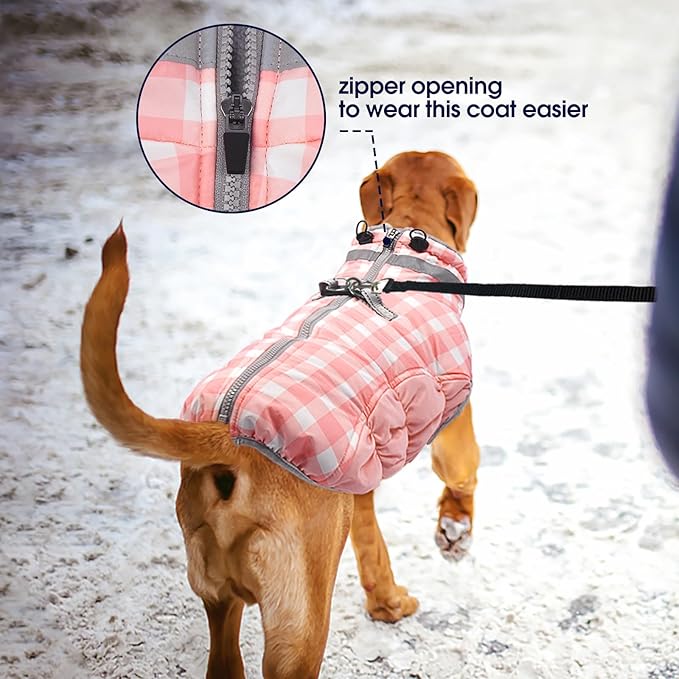 FUAMEY Dog Coat for Large Dogs,Waterproof Dog Winter Jacket with Harness Built in Puppy Cold Weather Coats Reflective Pet Vest with Zipper Warm Fleece Dogs Snowsuit Windproof Pink Plaid XL