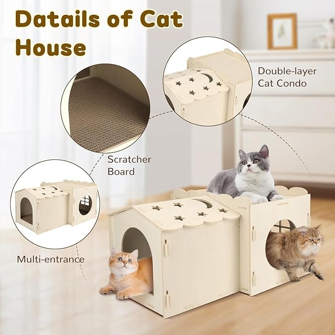 Wooden Cat Scratcher House,Cat Hideout with Scratch Cardboard Pad,2 Tier Sturdy Kittens Bed House Indoor with Air Vents for Small to Large Sized Cats and Rabbits Use