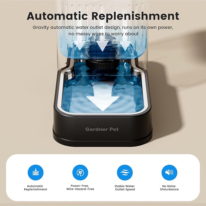 Gardner Pet Automatic Dog Water Dispenser Gravity Waterer with Stainless Steel Bowl Water Dispenser 6.5L Large Capacity Water Feeder for Dogs Cats Pets, BPA-Free Noise-Free (Black, 6.5L)