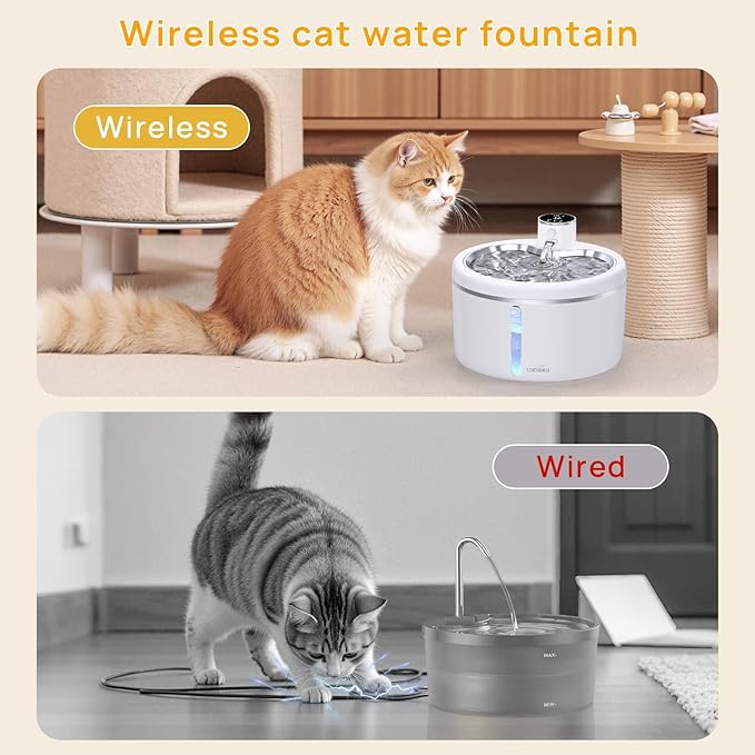 Wireless Cat Water Fountain with Stainless Steel Tray, Battery Operated Cat Fountain - 102oz/3L Automatic Pet Water Dispenser, Easy Clean with Motion Sensor for Cats, Dogs-8Filters