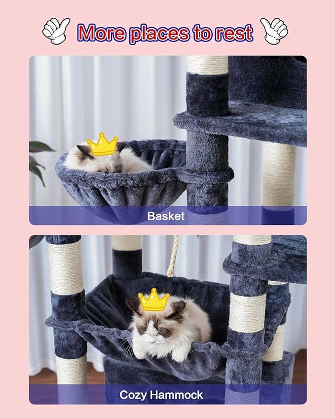 Cat Tree for Indoor Cats Large Adult, 74" Cat Tower with 3 Big Platforms, 2 Baskets, 2 Condos, Multi-Level Cat Scratching Posts, Smoky Gray GCT030G