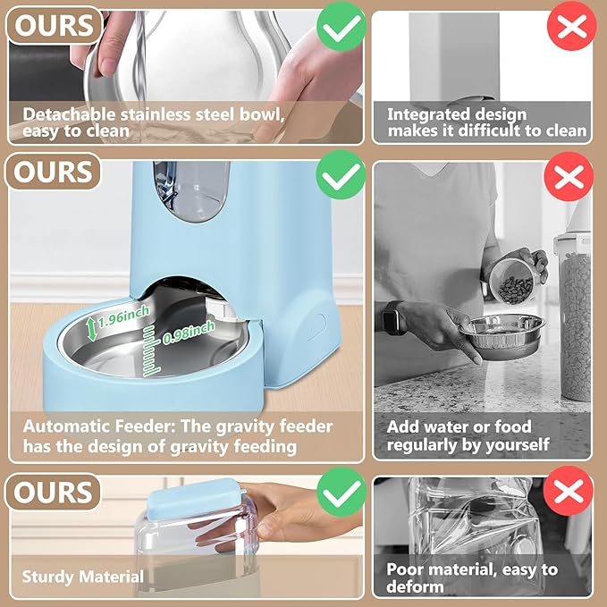 Portable Automatic Cat Feeder and Water Dispenser with Stainless Steel Bowl Dog Gravity Food Feeder and Waterer for Small Medium Pets Puppy Kitten 1 Gallon x 2 (Light Blue(3.8L*2))