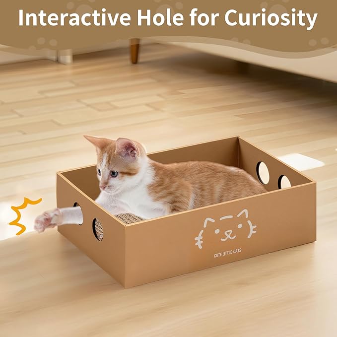 Heavy Duty Cardboard Cat Scratcher Box, Cat Bed with Double-Sided Cardboard Scratch Pad, Interactive Hole Design, Scratch Lounge Bed Suitable for Cats to Rest(Cat Pattern)
