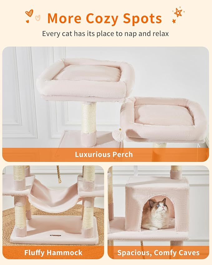 TaoqimiaoCat Tree Cat Tower for Indoor Cats, Plush Multi-Level Cat Condo with 12 Scratching Posts, 2 Perches, 2 Caves, Hammock, 2 Pompoms Jelly Pink