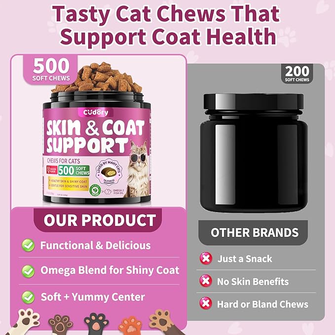 Natural Skin and Coat Support for Cats - Crunchy & Creamy Chews with Omega 3, Biotin & Vitamin E for Healthy Skin, Shiny Fur, Cat Supplements & Vitamins -Chicken(500 Chews