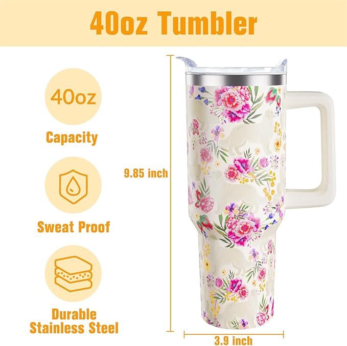 Golden Retriever Gifts for Women Dog Lovers 40 oz Floral Golden Retriever Tumblers with Handle and Straw, Stainless Steel Vacuum Insulated Travel Coffee Mug Cup Water Bottle