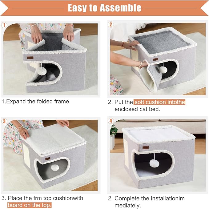 Cat Bed for Indoor Cats Cube House, Covered Cat Cave Beds & Furniture with Scratch Pad and Hideaway Tent, Cute Modern Cat Condo for Multi Small Pet Large Kitten Kitty, Khaki