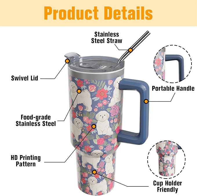Shih Tzu Gifts for Women Dog Lovers 40 oz Floral Shih Tzu Tumblers with Handle and Straw, Stainless Steel Vacuum Insulated Travel Coffee Mug Cup Water Bottle