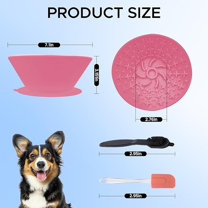 Dog Lick Bowl – Silicone Lick Mat for Dogs with Freeze Bone, Slow Feeder, Non-Slip Base, Includes Brush & Scraper, Large Opening for Anxiety Relief & Oral Health, Ideal for Frozen Treats (Pink)