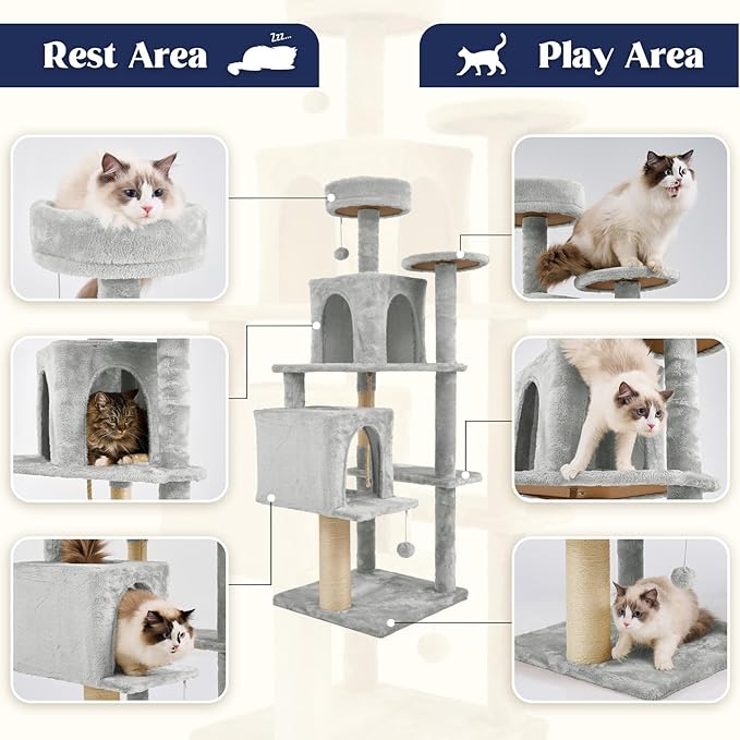 58.5inch Large Cat Tree Tower Condo for Indoor Cats, Soft Plush Multi-Level Climbing Tree Cat House, Scratching Post, More Entrance/Exit, Sisal Rope, Light Grey