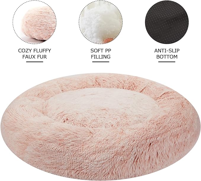 Bedfolks Calming Donut Dog Bed Cat Bed, 23 Inches Round Fluffy Dog Beds for Small Dogs, Machine Washable Anti-Anxiety Plush Puppy Bed(Pink, Small)