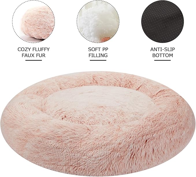 Bedfolks Calming Donut Dog Bed - 36" Round, Fluffy, Anti-Anxiety, Machine Washable Pet Bed (Pink, Large)