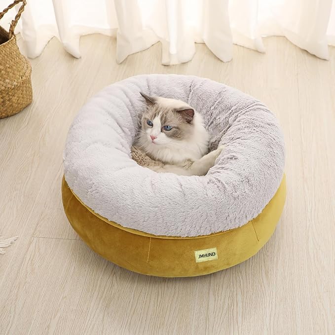 Cat Bed for Indoor Cats,Round Cat Bed for Small Pets,Washable Pet Bed with Non-Skid Bottom,Pet Bed for Puppy and Kitty,19 Inches,Yellow