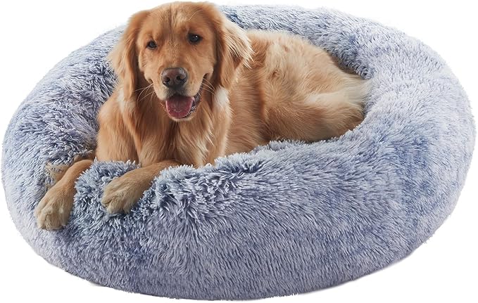 36 inches Donut Dog Bed for Large Dogs - Calming Fluffy Round Pet Bed with Removable & Washable Cover,Fits up to 100 lbs Pets (Dark Blue,Large)