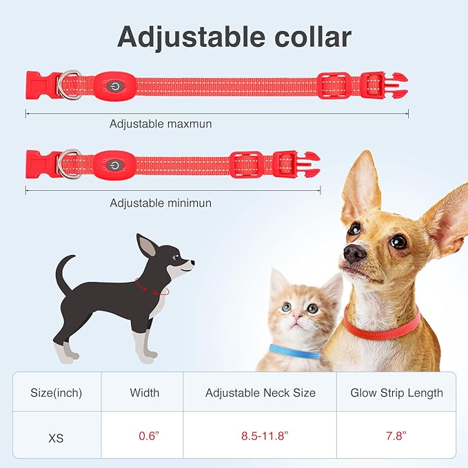 YFbrite Light up Dog Collars for Night Walking, Rechargeable LED Cat Collar, Comfortable Adjustable Lighted Dog Collar Rechargable for Cats, Small, Medium and Large Dogs (Red, XS)