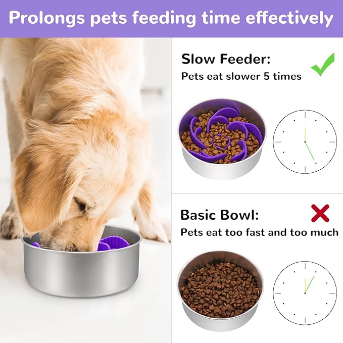 MateeyLife Slow Feeder Dog Bowls Insert with Suction Cups, Cuttable Design for Large & Medium Breeds, Fit for Regular Elevated, Compatible with Metal and Ceramic Dog Bowls for Slow Eating (Purple)