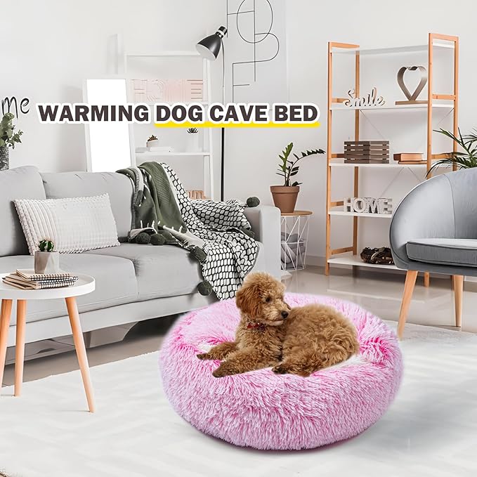 Cat Bed Calming Cat Beds,Indoor Washable Cat Bed,Anti-Slip Faux Fur Fluffy Cuddler Anxiety Cat Bed,Warming Cuddler Cushion Bed for Small Medium Dogs and Cats (Gradient Pink, 24 * 24inch)