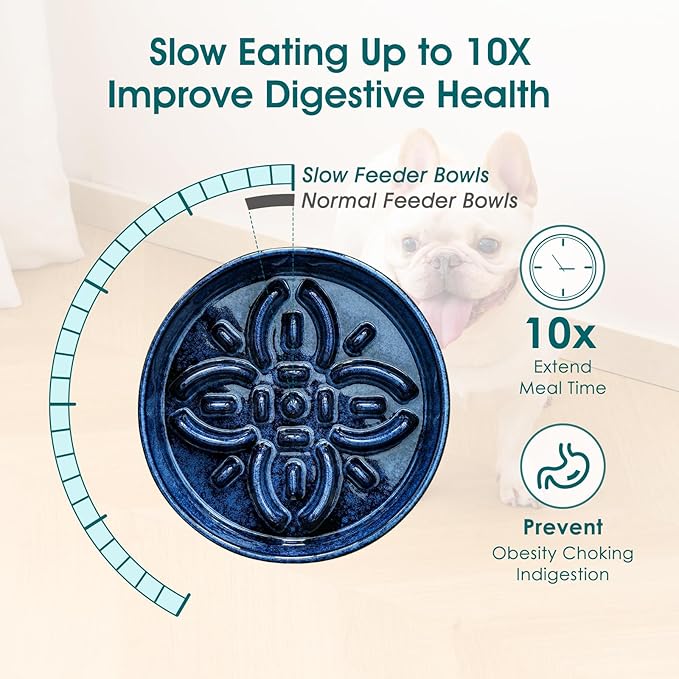 vancasso Ceramic Slow Feeder Dog Bowls, Puzzle Dog Food Bowls with Floral Maze, Anti -Slip Pet Food Dish for Small Breed, 0.6 Cups, Blue