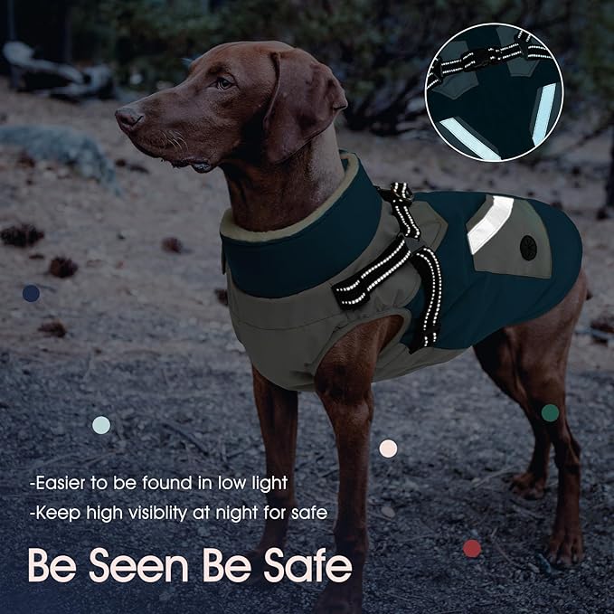IECOii Large Dog Coat with Harness Built in,Reflective Waterproof Dog Coat for Giant Breeds - Zip Up Fleece Jacket for Dogs,Great Dane Winter Coats Warm Snowsuit for Cold Weather, Turquoise Green, 4XL