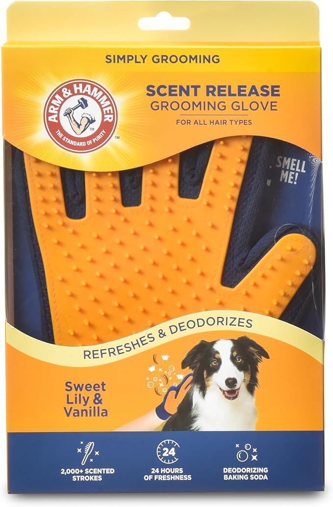 Arm & Hammer “Simply Calm” Dog Grooming Deodorizing Glove with Fragrance Transfer Technology –Scented Silicone Hand Brush for Bathing & Shedding, Sweet Lily & Vanilla Scent