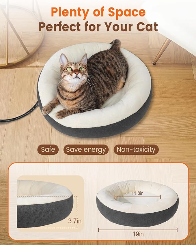 Heated Cat Beds for Indoor Cats, Soft Round Warming Heated Pet Bed for Small Medium Size Cats, Electric Cat Heating Bed for Kittens 19 Inches