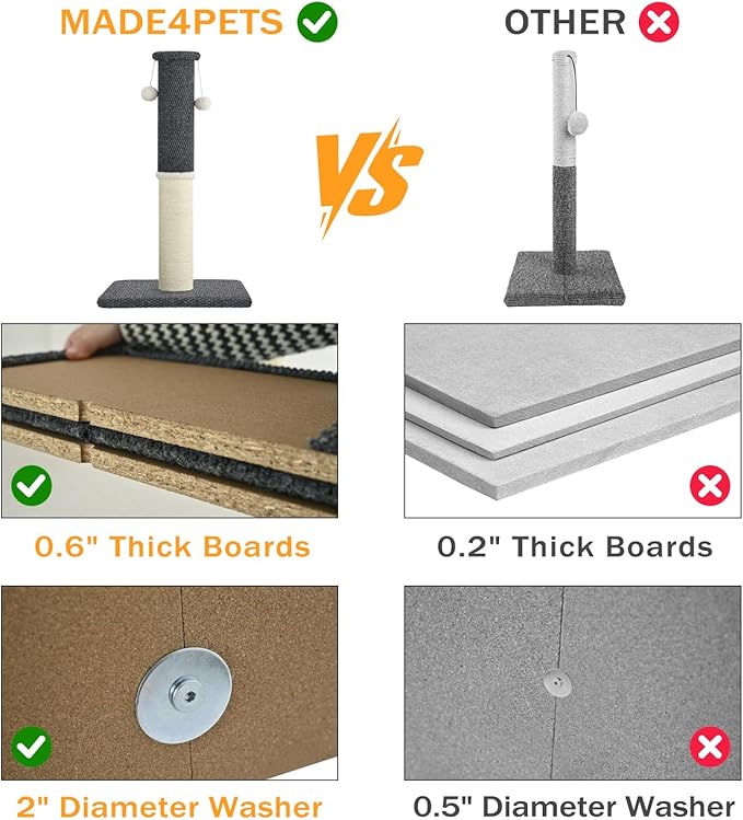 Made4Pets Tall Cat Scratching Post, Heavy Duty and Thicker Scratching Posts for Indoor Cats Adults, 23.6" Natural Sisal Cat Scratcher with Hanging Balls, Sturdy Base Cat Scratch Post, Dark Grey