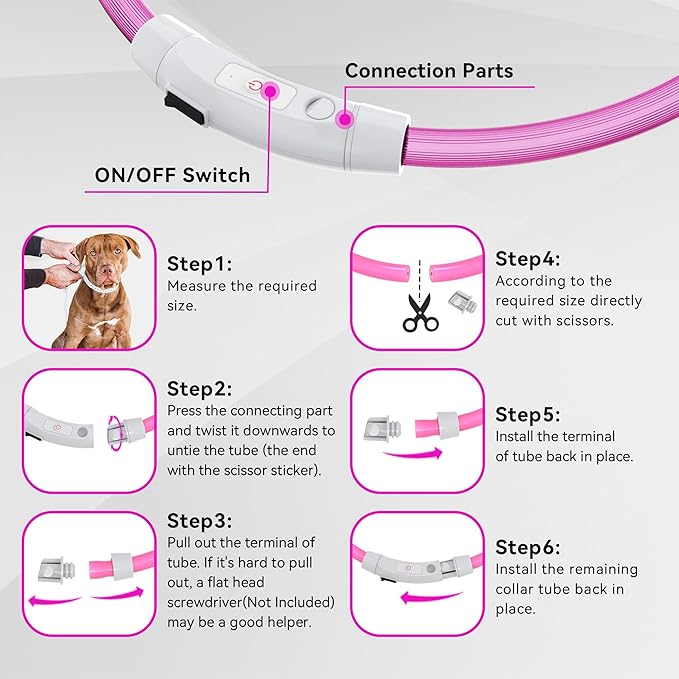 Led Light Up Dog Collar Rechargeable Waterproof, Glow in Dark Dog Collar, TPU Cuttable Lighted Dog Collars for Night Walking Charging USB, Safety for Small Medium Large Dogs Pink