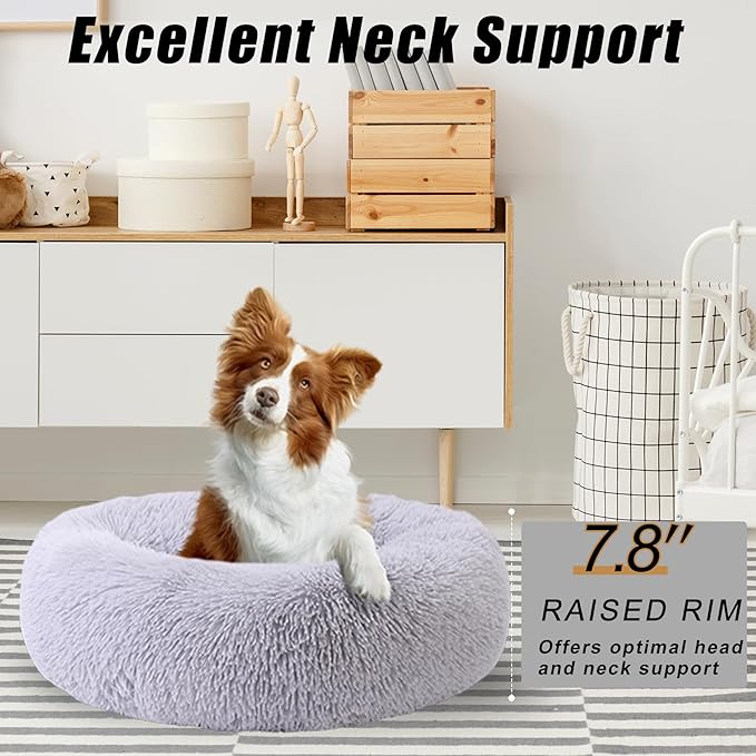 Calming Dog Bed, Dog Beds Fits up to 40 lbs Pets, Fluffy Donut Dog & Cat Bed Washable, Round Anti Anxiety Dog Bed, Small Dog Bed with Non-Slip Bottom (Light Grey, 28" x 28")