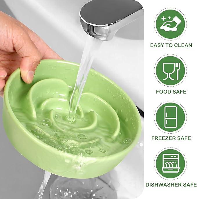 TRUVIC Ceramic Slow Feeder Dog Bowls Small Breed, 0.6 Cup Slow Feeder Cat Bowls for Fast Eaters, Ceramic Dog Food Dish no Black Chin, Puzzle Bowl for Small Dogs and Cats, Green