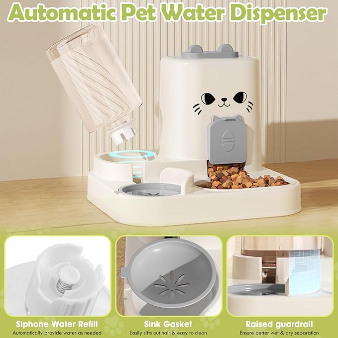 1.6L Auto Gravity Pet Feeder and 0.6L Water Dispenser Set, Automatic Cat Food and Water Dispenser, Gravity Pet Feeder for Small Medium Dog Puppy Cat Kitten (Gray)