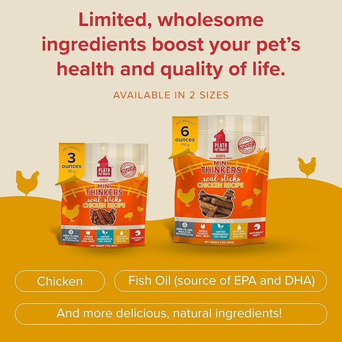 PLATO Mini Thinkers Sticks - Natural Dog Treats - Real Meat - Air Dried - Made in the USA, Chicken Flavor, 3 ounces