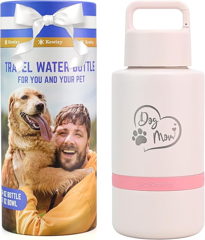 Insulated Dog Water Bottle with Travel Bowl, Dog Lover Gift, Portable Water Bottle Dispenser, Accessories for Car, Hiking, Camping, Outdoor, Leak-Proof, Detachable (DogMom-PalePink)