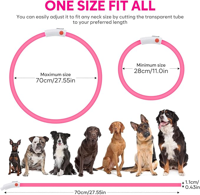 HIGO LED Dog Collar, Silicone Lightweight Light Up Dog Collars, USB Rechargeable LED Dog Necklace Light for Your Dogs Cats Glow in The Dark (Pink-Silicone)