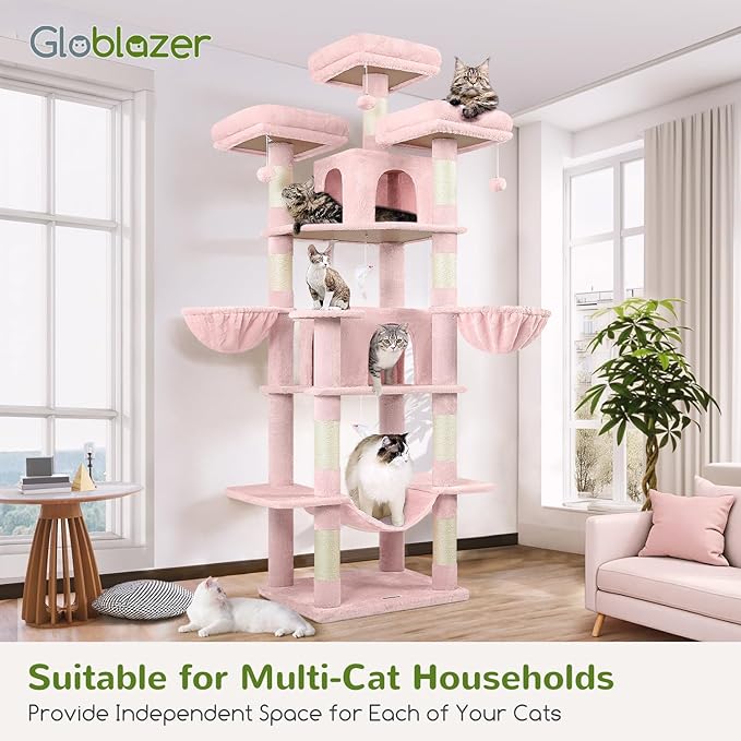 Globlazer Big Pink Cat Tower for Indoor Cats, 80inch Cat Tower for Multiple Adult Cats XXL Cat Tree with Scratching Post, Hammock, 3 Perches, 2 Condos, 2 Hanging Basket, F80, Pink